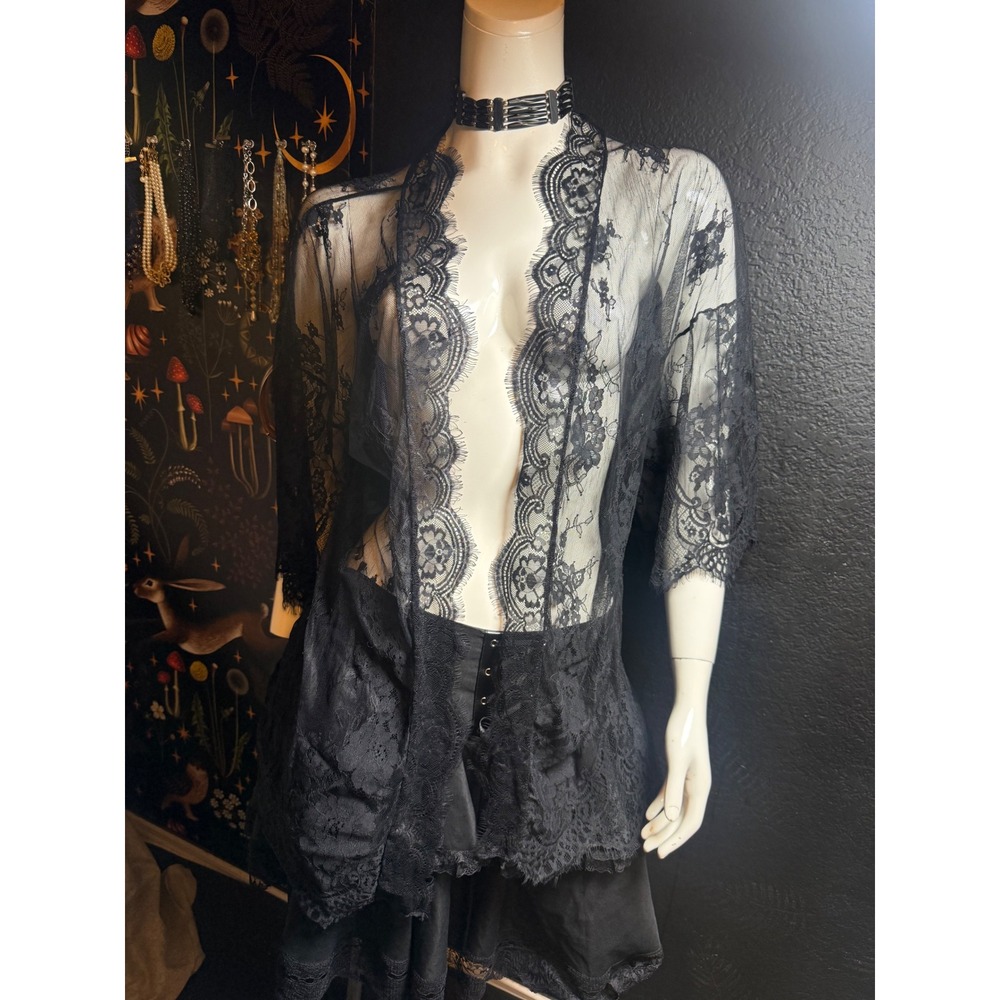 Black Sheer Floral Lace Open Front Kimono Cardigan Eyelash Trim Duster Wrap